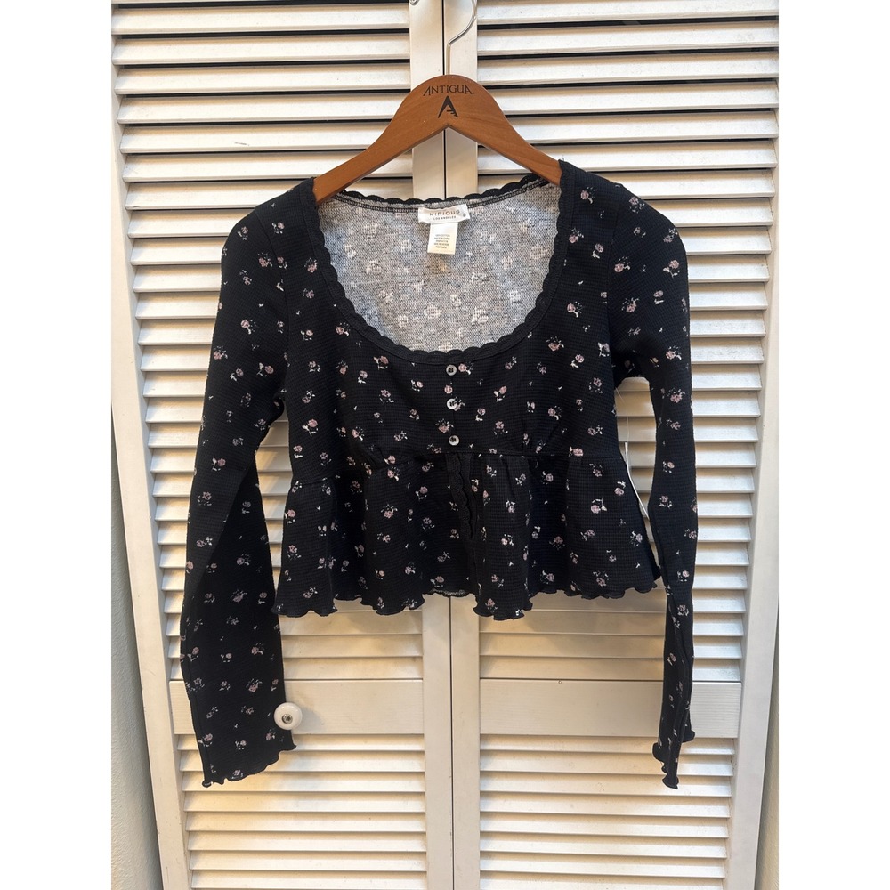 Kirious Los Angeles Black Floral Thermal Waffle Knit Peplum Crop Top NWT Medium